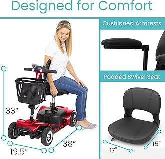 Vive 4 Wheel Mobility Scooter - Electric Powered Wheelchair Device - Compact Heavy Duty Mobile for Travel, Adults, Elderly - Long Range Power Extended Battery with Charger & Basket