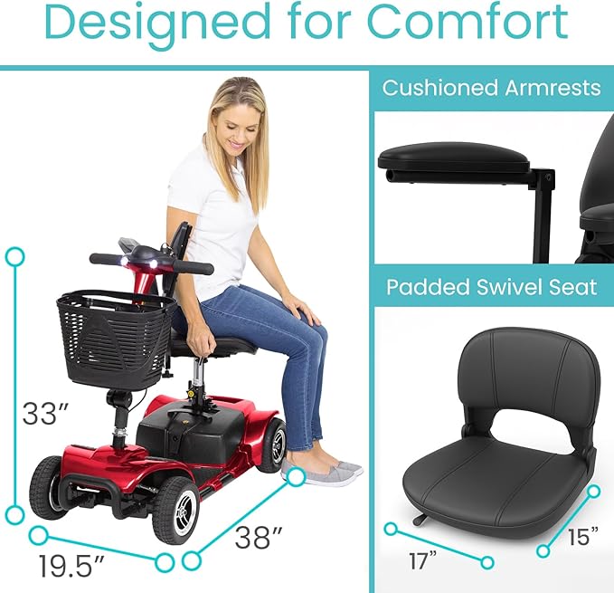 Vive 4 Wheel Mobility Scooter - Electric Powered Wheelchair Device - Compact Heavy Duty Mobile for Travel, Adults, Elderly - Long Range Power Extended Battery with Charger & Basket (FSA/HSA Eligible)