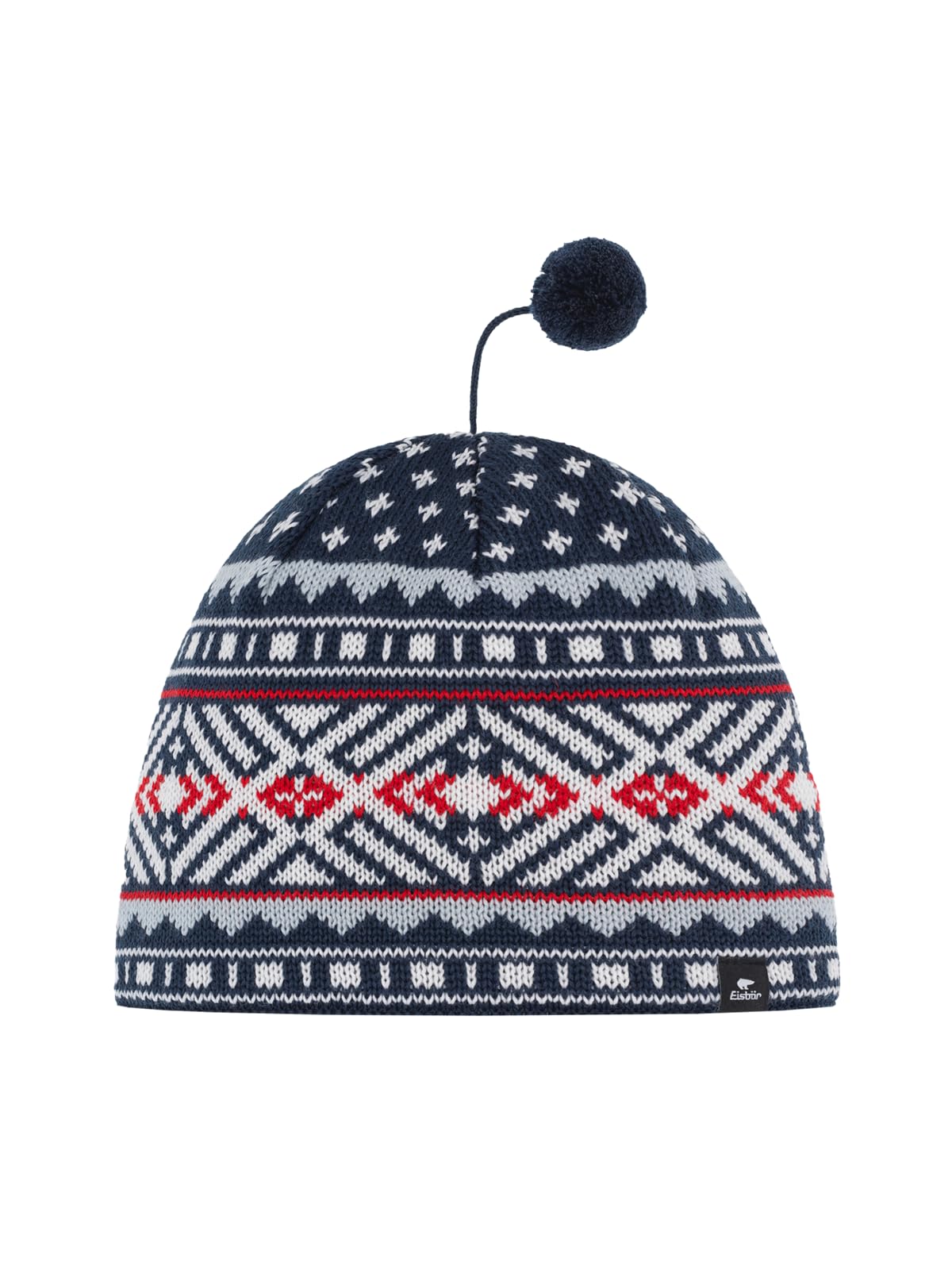 Eisbär Hanz Men's Merino Bobble Hat with Fleece Protects Against Cold and Wind Norwegian Hat Breathable Beanie with Bobble Hood from Austria, Dark Cobalt-White-Fjord-Ketchu, One Size