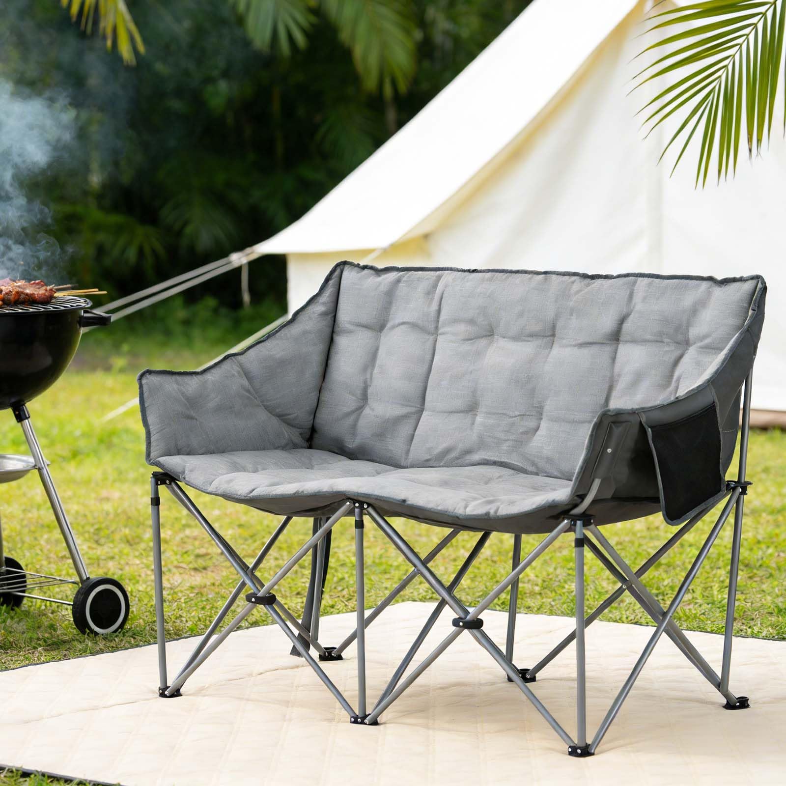 Aoxun Double Camping Chair Padded Folding Sofa for Adults - 2 Seater Sofa Heavy Duty Lawn Chairs with Side Pocket - Fishing Garden Chairs Outdoor Portable Oversized Comfy, Grey