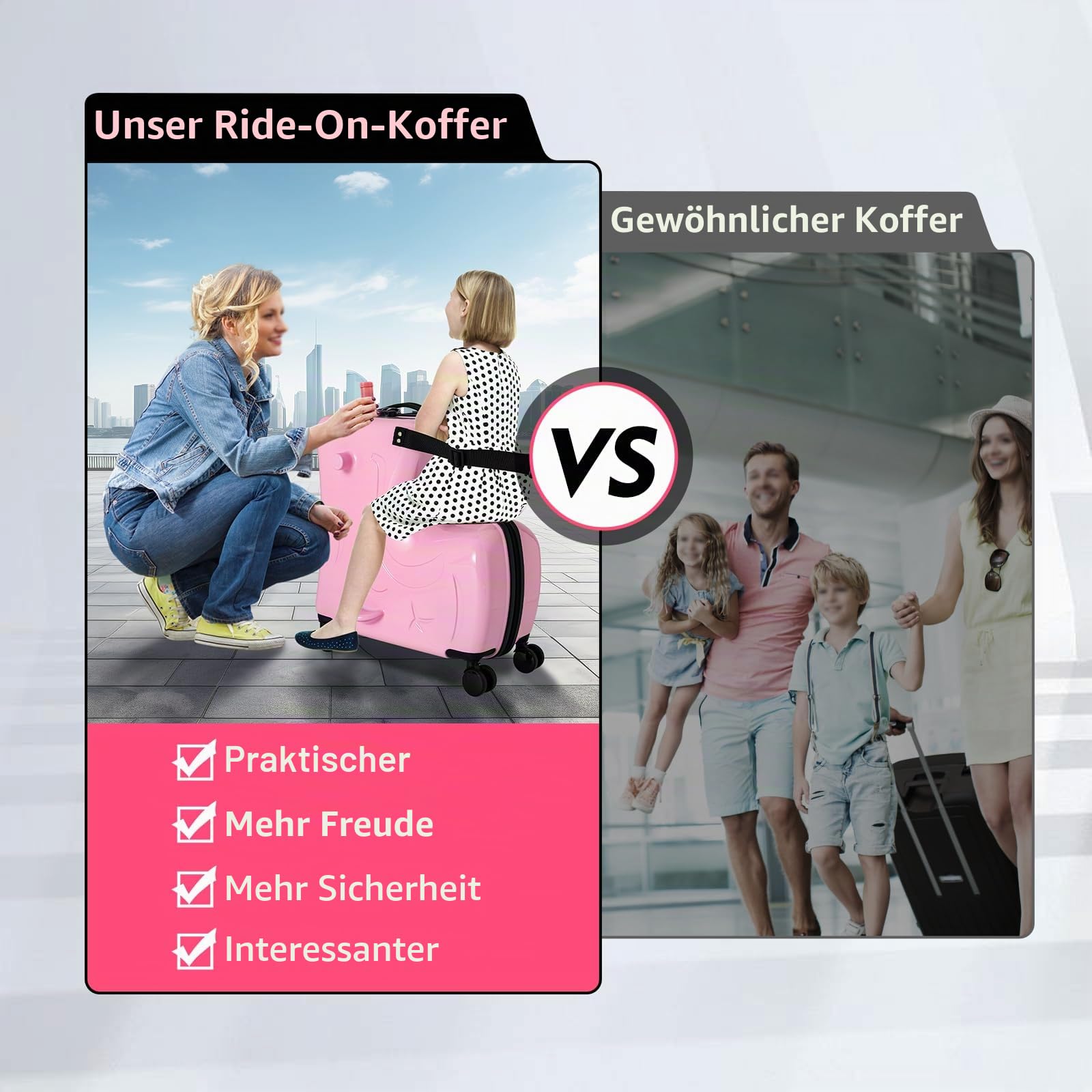 Kinderkoffer Zum Draufsitzen 20 Zoll, Kindertrolley mit Sitzfunktion & Sicherheitsgurt, Hartschalen Reisekoffer Kinder Pferd Design, Leichtgewicht 3.3kg für Kinder 3-6 Jahre, Rosa