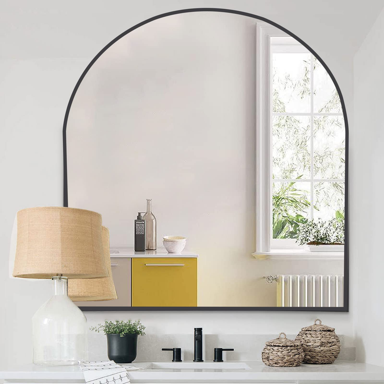 COFENY Arched Mirror, 31"x33" Black Bathroom Mirror with Metal Frame, Wall Mounted Mirrors Decor Modern Dresser Mirror for Bedroom Living Room Entryway