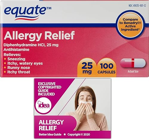 Equate - Cápsulas para aliviar la alergia, 25 mg, paquete de 100 unidades con exclusivo "alivio de alergias", guía de mejores ideas (2 artículos)