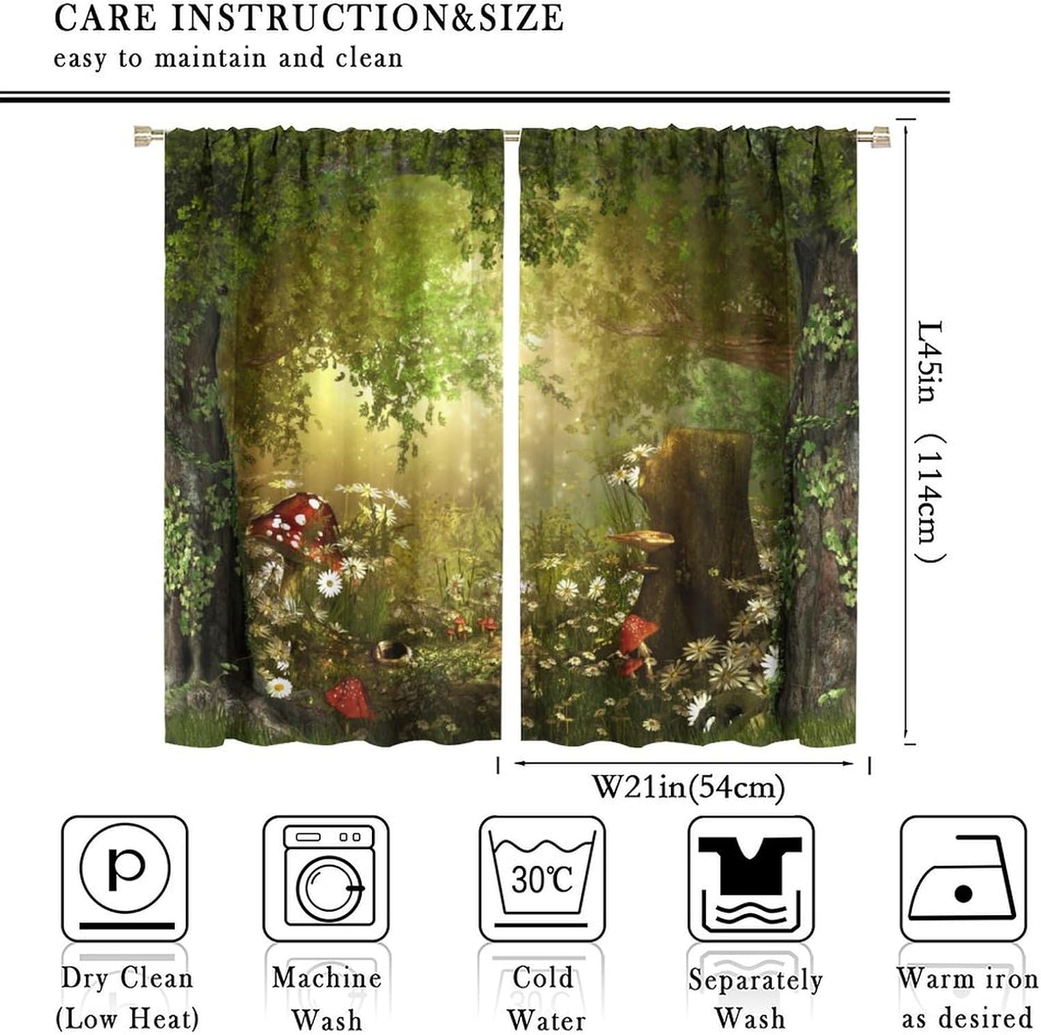 Fantasy Enchanted Forest Curtains Mushroom Magic Forest Green Plants Curtain with Rod Pocket for Bedroom Living Room Home Decor Drapes Window Treatments 2 Panels Set 42x45 Inch