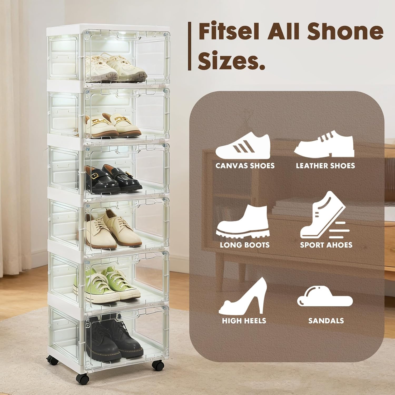LAFORMO Collapsible Shoe Rack Organizer with Doors & Lights, 6-Tier Foldable Shoe Cabinet with Wheels, Large Plastic Shoe Shelf with Transparent Windows, Easy Assembly Storage for Entryway Hallway