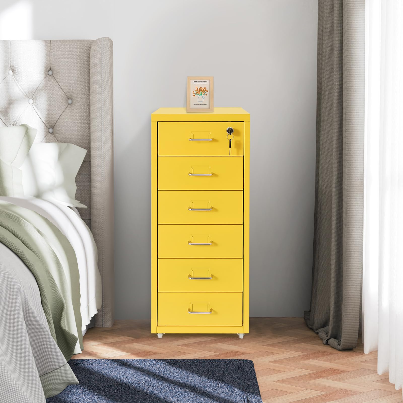 Conteneur à roulettes en métal - Meuble de bureau pour bureau - Organiseur de bureau avec 6 tiroirs - Armoire à tiroirs verrouillable sur roulettes - 28 x 41 x 69 cm - Jaune