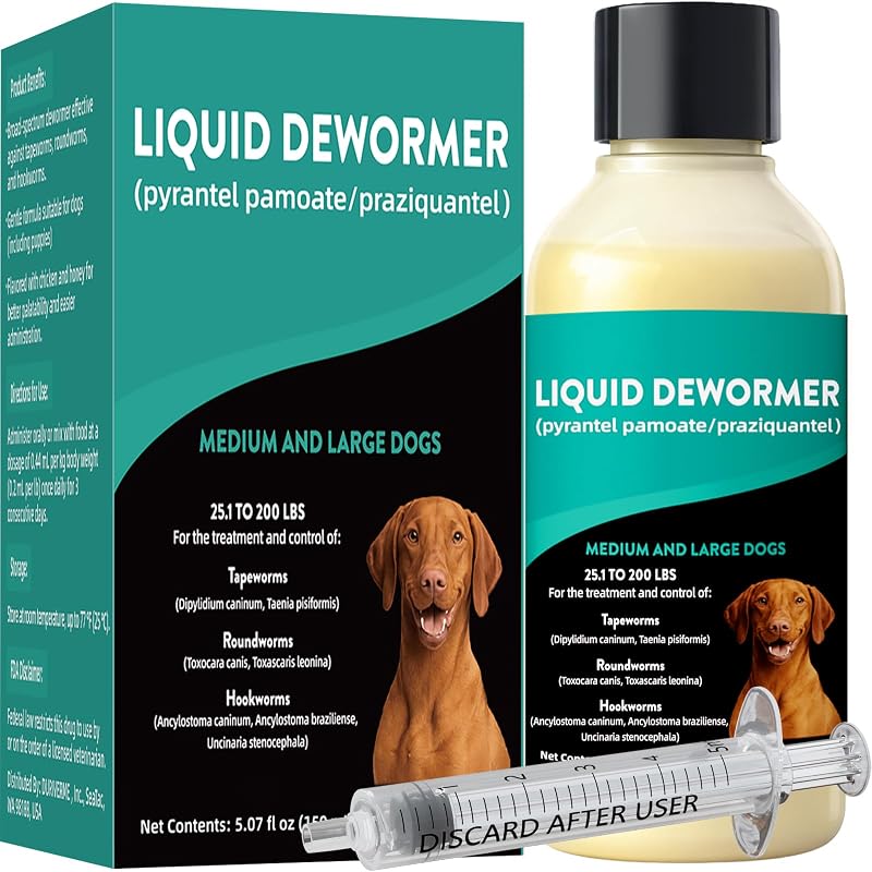 Pyrantel Pamoate De-wormer for Medium and Large Dogs, Oral Treatment for Tapeworm, Roundworm & Hookworm
