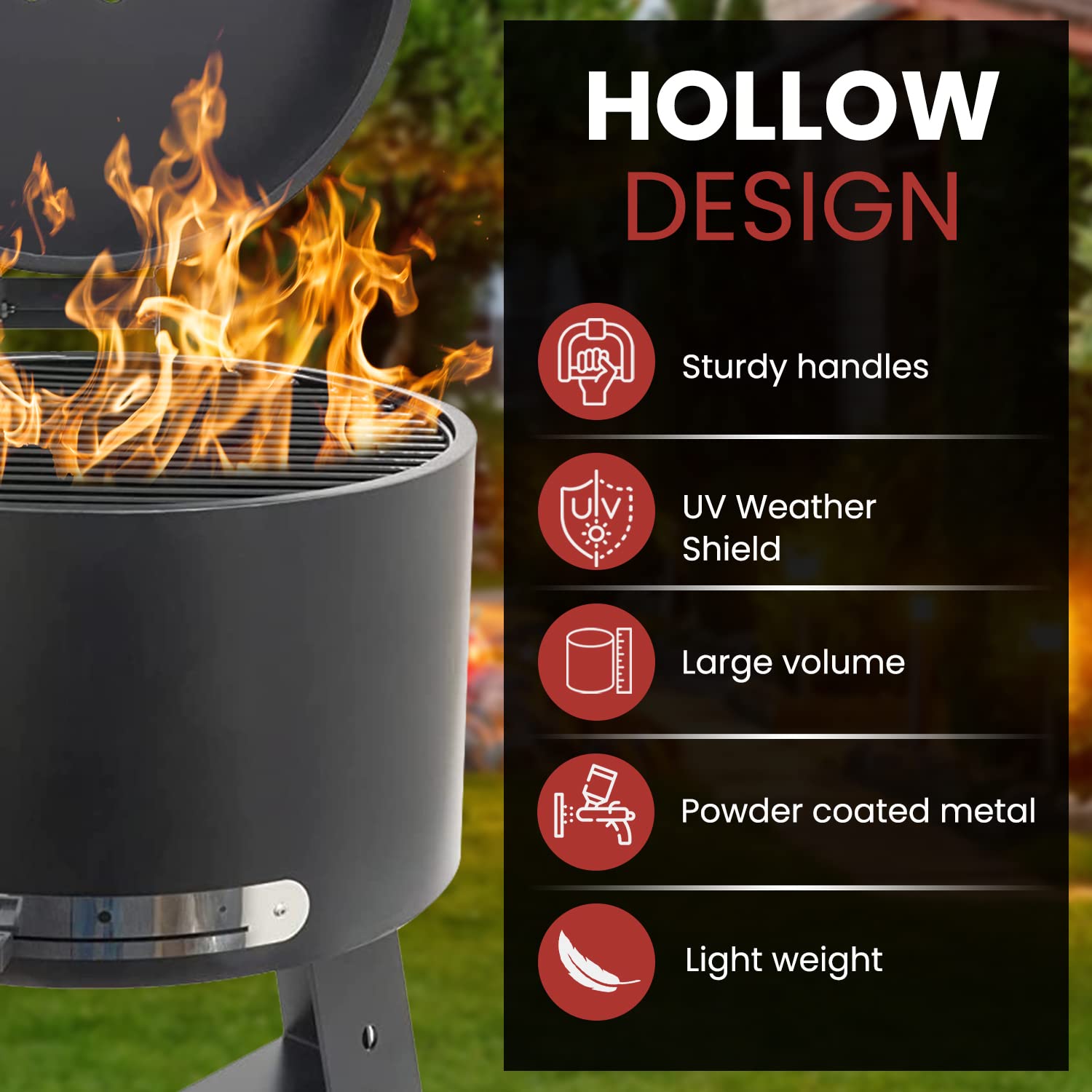 Grill na węgiel drzewny z pokrywką – czarna stal – grill Kamado – grill kempingowy na zewnątrz – 40 x 40 x 57 cm