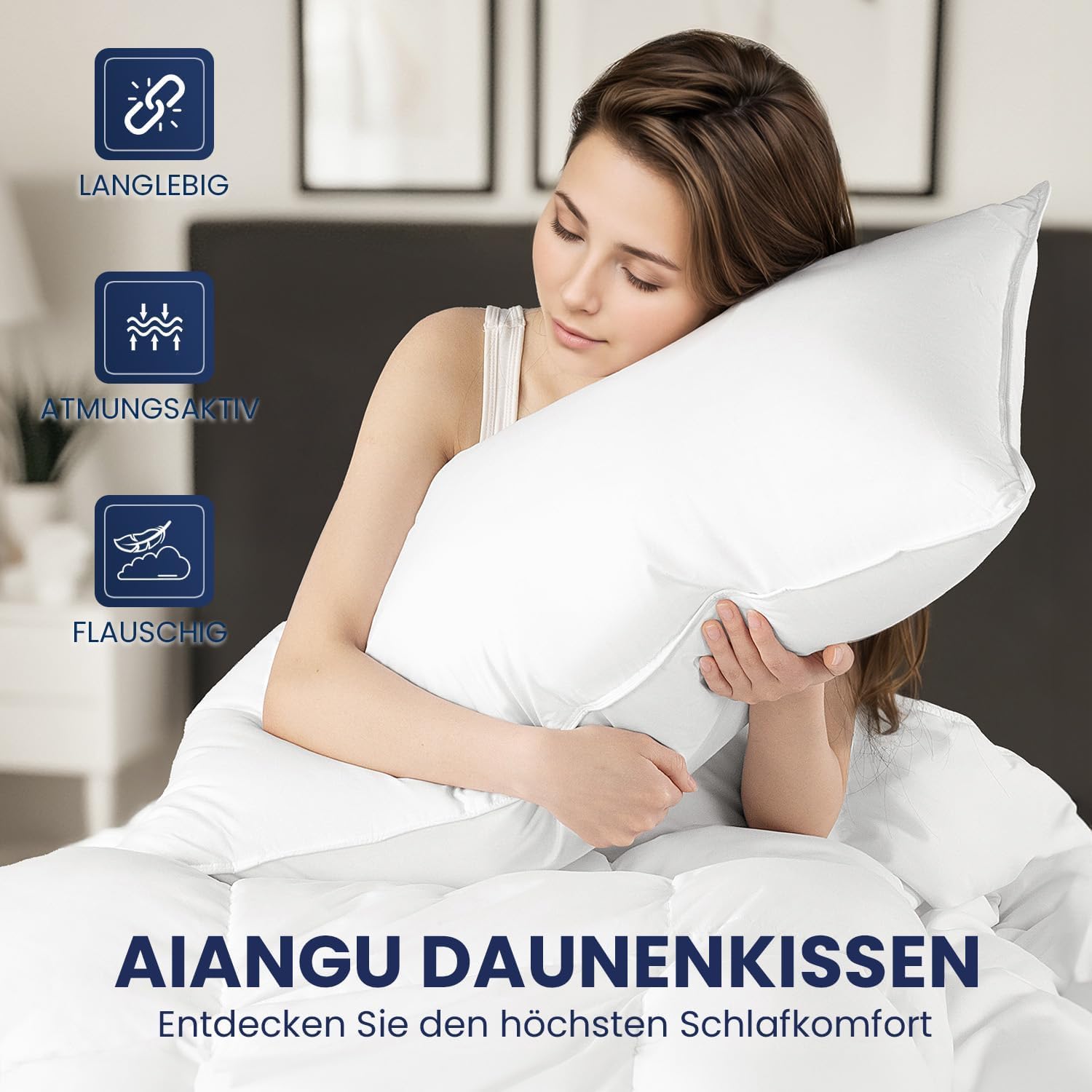 DEITAS Daunenkissen - 3-Kammer Design für optimalen Nackenstütz, weiche & atmungsaktive 100% Baumwollbezug, Bettkissen perfekt für Allergiker und Kinder(Weiß,80x80 cm (1 Stück))