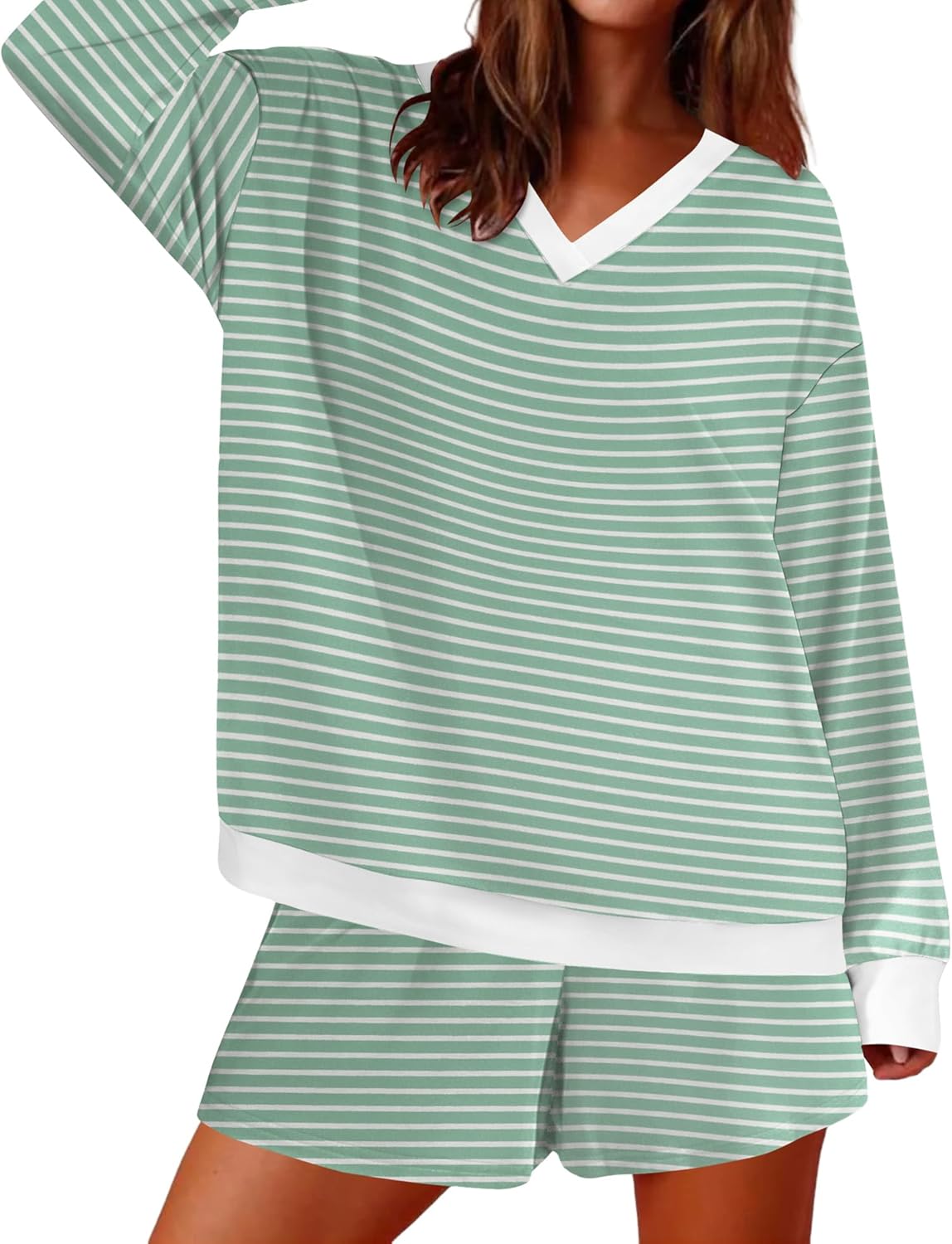 AKEWEI Womens Pajama Sets V Neck Long Sleeve Top and Shorts Cozy Loungewear with Pocket - Image 2