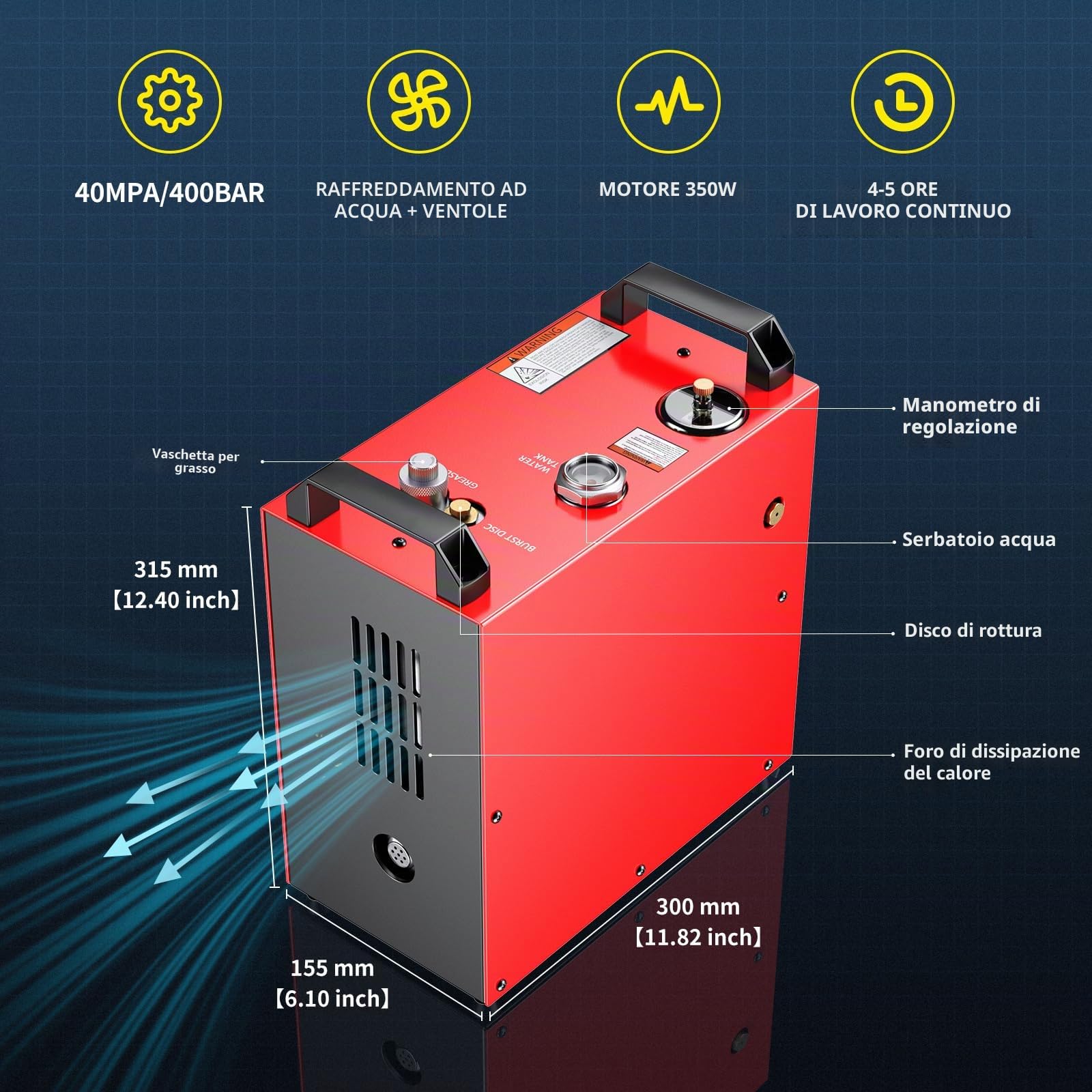 GX PUMP CS4-I Compressore d'aria PCP portatile, motore potente da 350 W, max 5800 psi/40 Mpa, convertitore domestico integrato, raffreddamento ad acqua e ventole, 5 ore di lavoro continuo, compressore