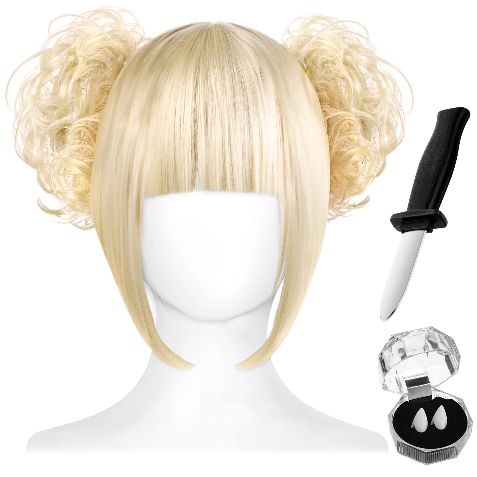 Blonde Wig Anime Cosplay Wig with Bangs Fringe Fake Knife Retractable Knife Toy Vampire Teeth Fangs with Adhesive Cosplay Accessories Halloween Party Costume