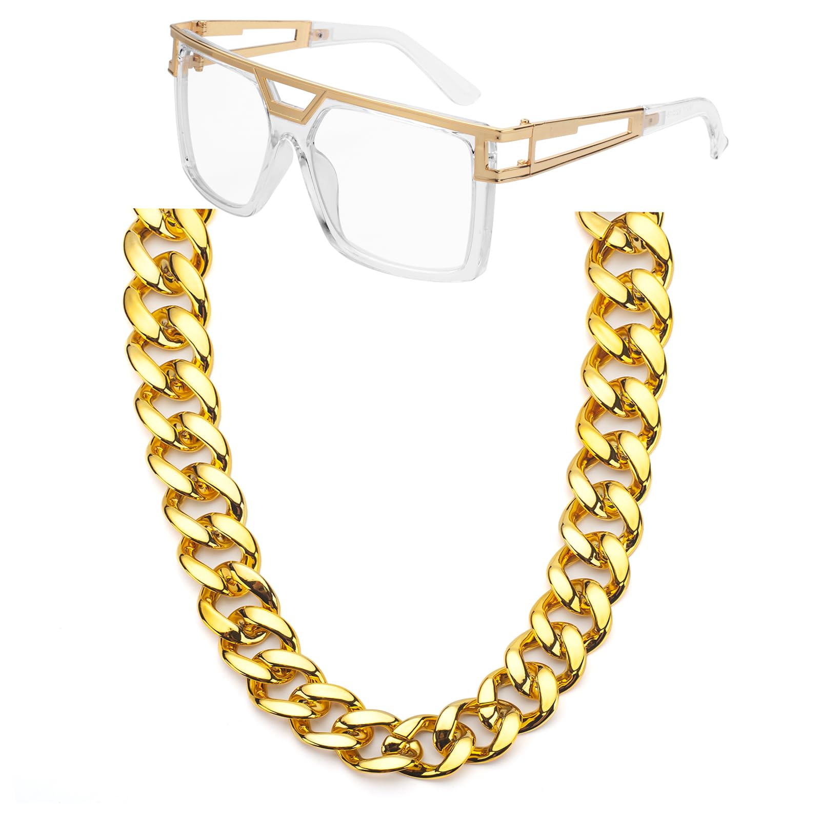 NANXJIUR 80s 90s Hip Hop Costume Kits Rapper Accessories Outfit Fake Gold Chain Necklace Twist Leg Punk Sunglasses for Rapper