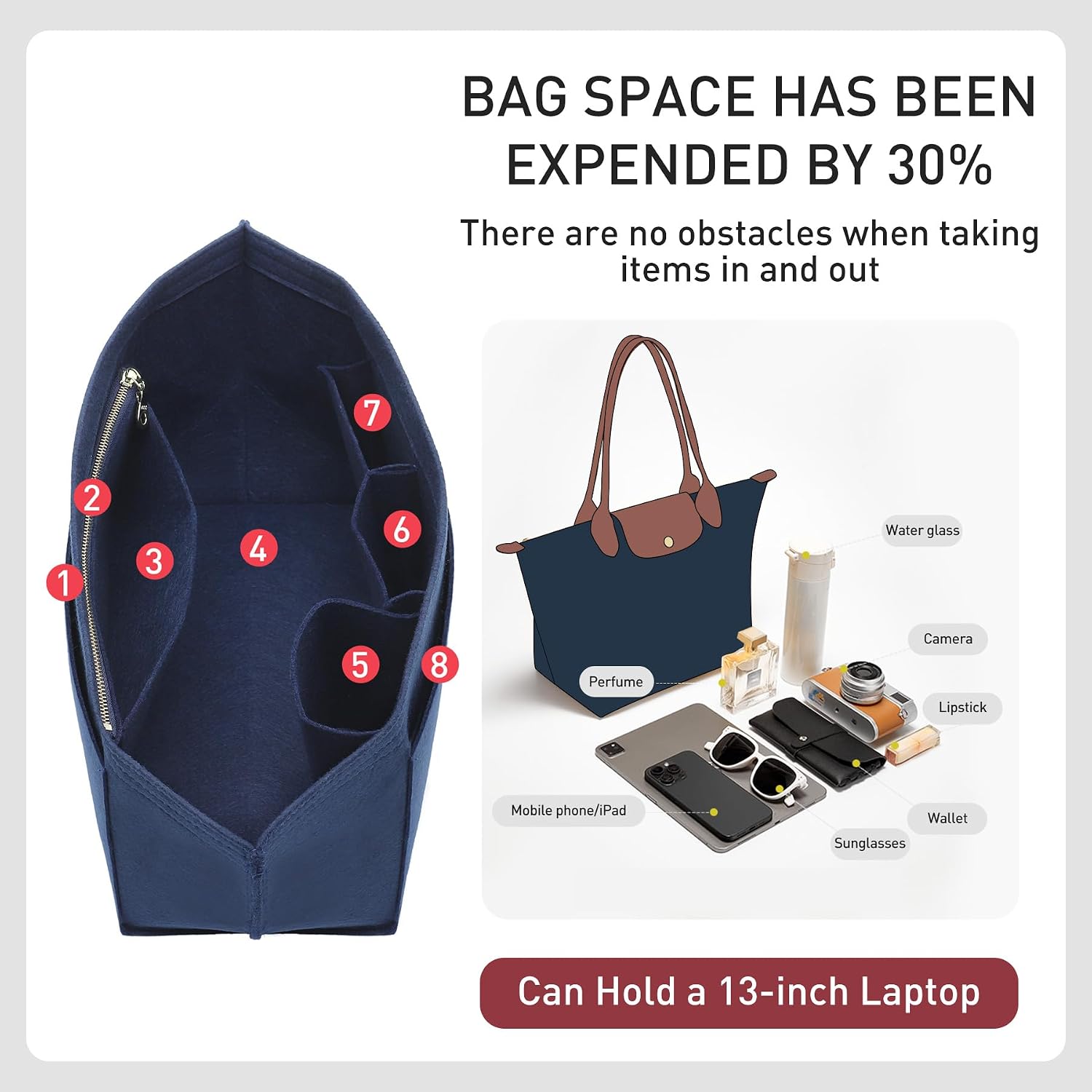 Felt Purse Organizer Insert for Longchamp Le Pliage L Tote Bag, Blue image 5
