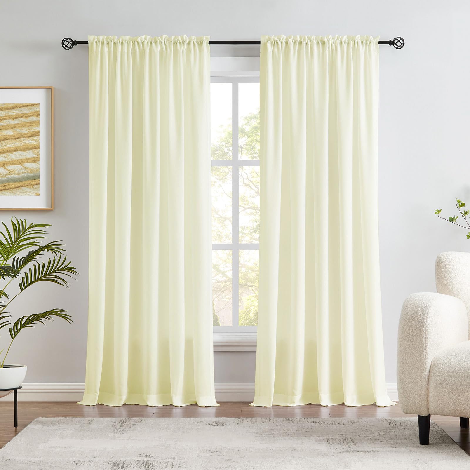 Melodieux Cream Yellow Velvety Semi Sheer Curtains 96 Inches Long for Bedroom Living Room Natural Cotton Texture Rod Pocket Window Sheer Drapes