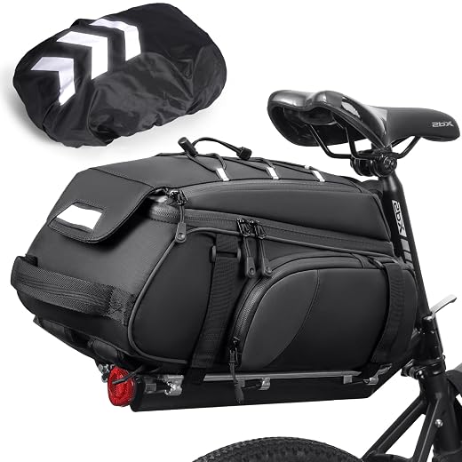 RAINSMORE 4 in 1 Bicycle Rear Pannier Bag 15L Waterproof Rear Pannier Bag with Rain Cover and Reflective Bicycle Bag Backpack