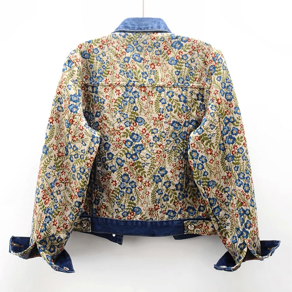 Genérico Moda para Mujer Patrón Floral Retro Solapa Clásica Versátil Chaqueta De Mezclilla Recortada Primavera Y Otoño Elegante Tendencia Callejera Chaqueta De Manga Larga