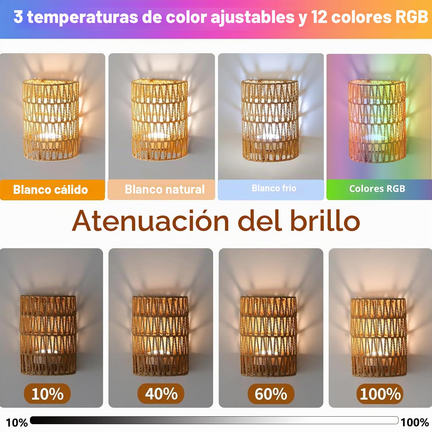 2 lámparas de pared de ratán, estilo bohemio, con batería, sin conexión de alimentación, RGB, regulables, con mando a distancia, retro, para dormitorio, salón, pasillo