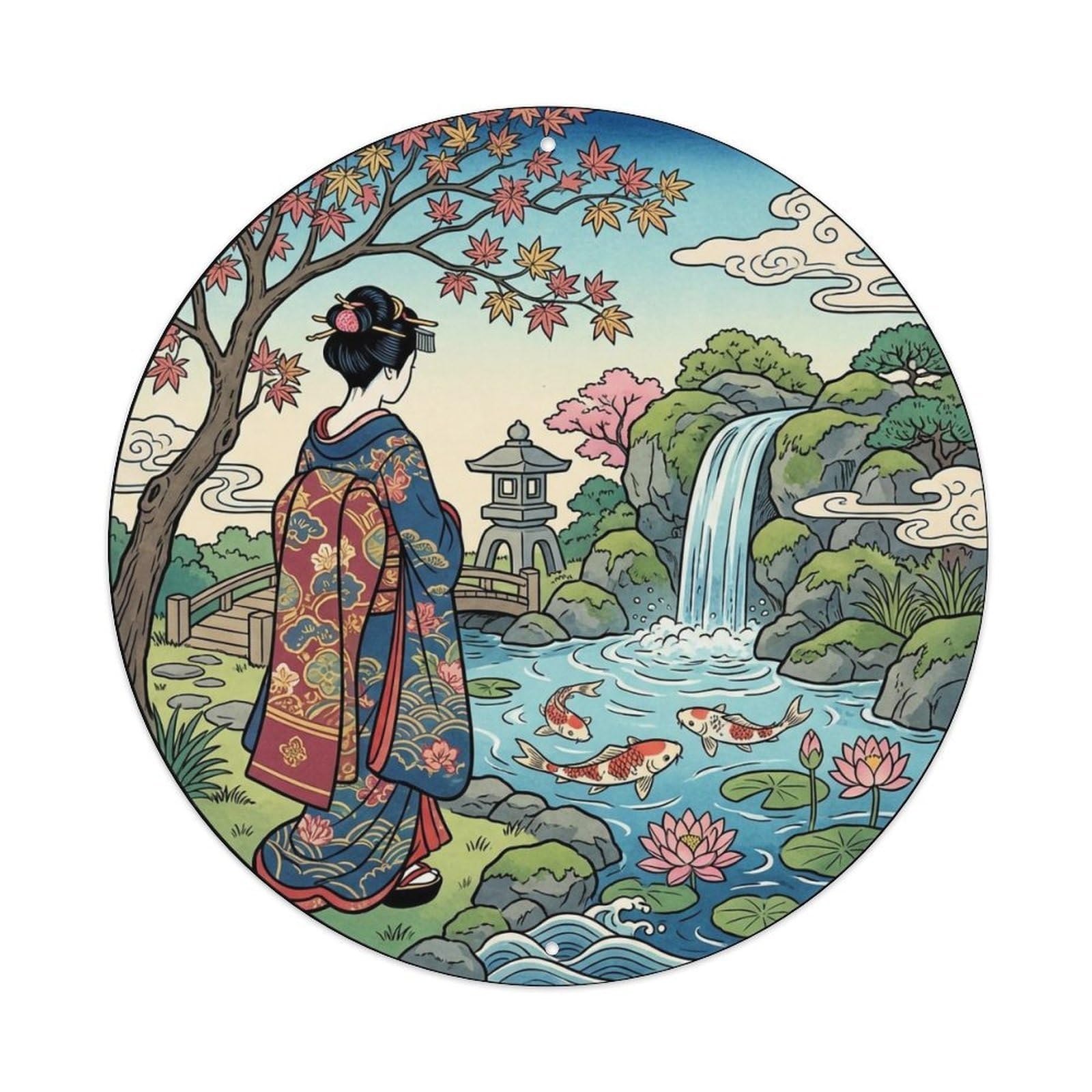 Japanese Geisha Courtyard Small Waterfall Observing Metal Tin Sign