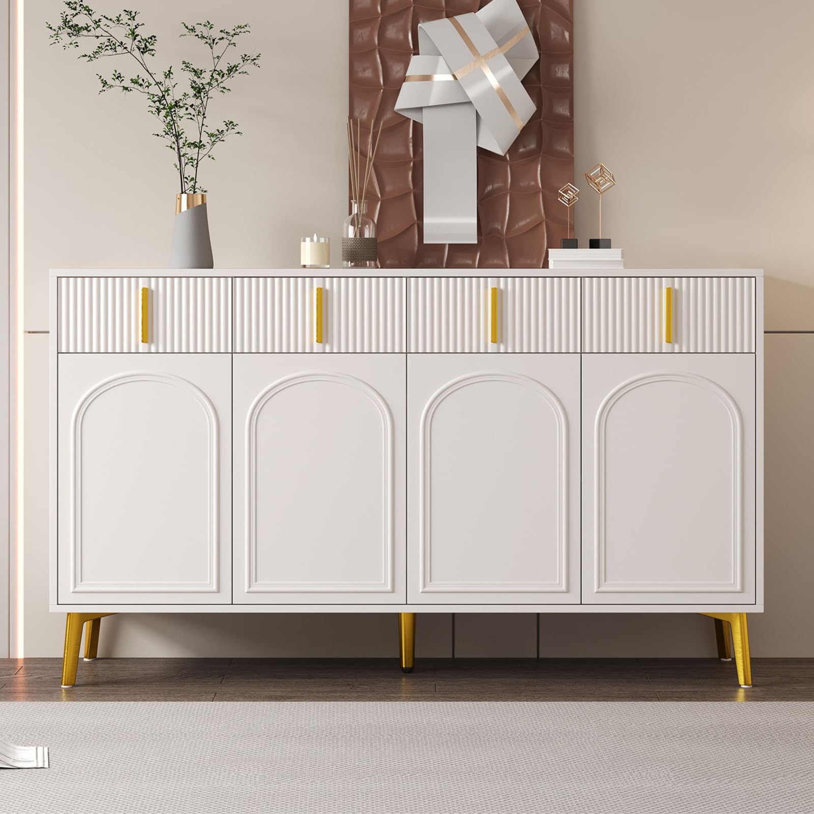 Sideboard mit 4 Türen, Modern Kommode mit 4 Schubladen, Schubladenschrank mit Griff und Beine, Küchenschrank für Flur, Schlafzimmer, Wohnzimmer, Geschwungenes Design, 140x38x82cm, Weiß