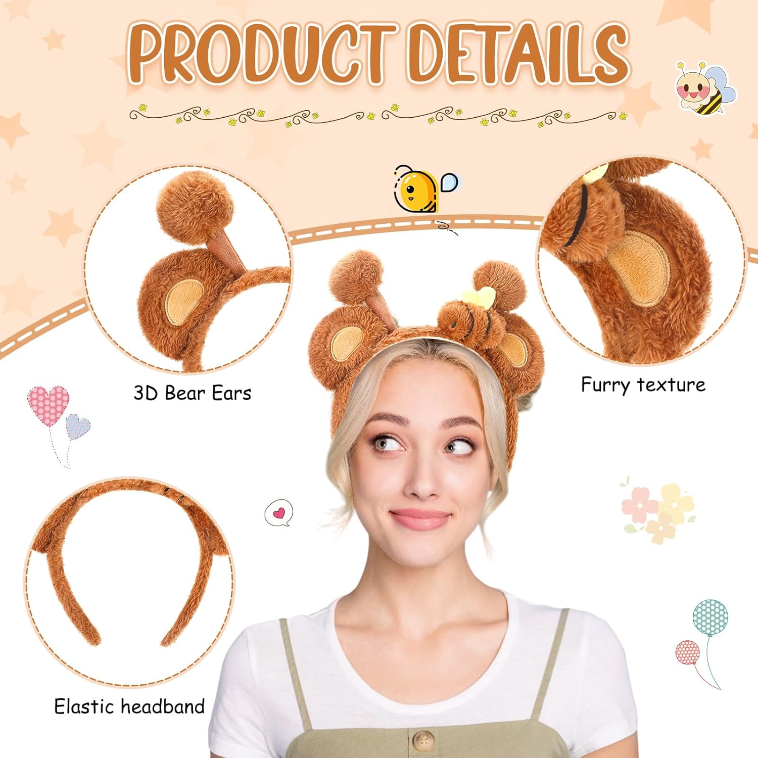 Bear Ears Headband and Tail Set Halloween Bear Bee Animal Costume Cute Plush Honey Ears Head Band Tail for Adults Cosplay Party Headwear Accessories - Image 3