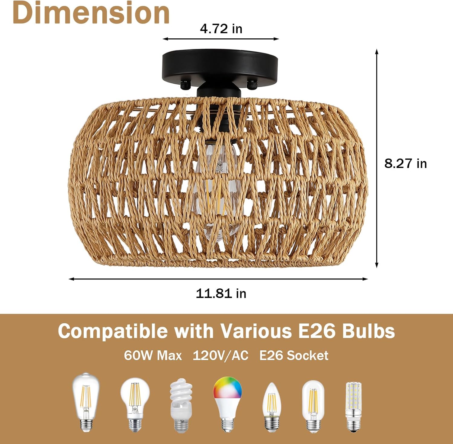 12" Boho Ceiling Light Fixture, Rattan Flush Mount Ceiling Light, Small Rustic Hand Woven Chandelier for Farmhouse Hallway Bedroom Kitchen Entryway Closet, E26 Socket