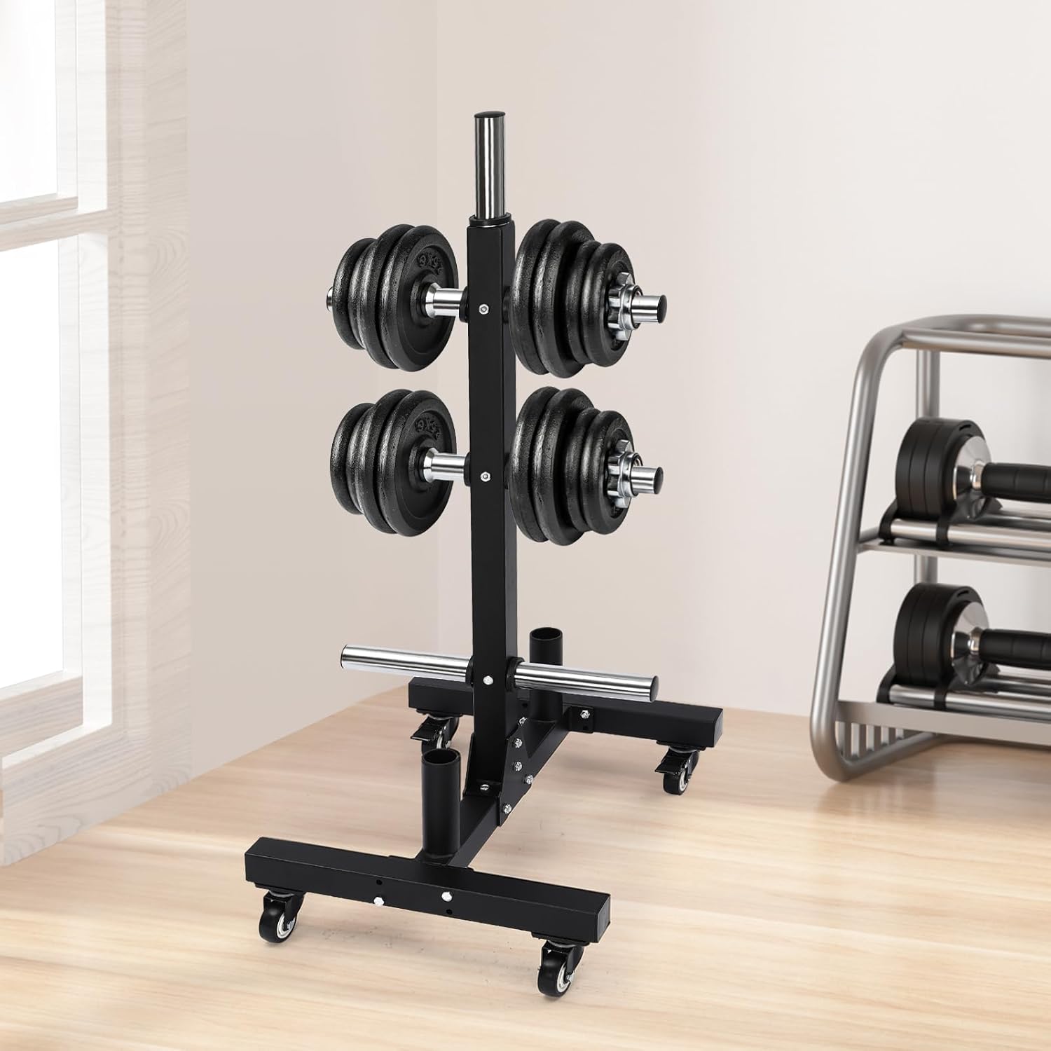 1100lbs Dumbbell Rack Weight Plate Tree and Vertical Bar Holder with 4 Universal Wheels,Heavy Duty Q235 Steel Dumbbell Rack Stand,Black Barbell Weight Plate Rack Weight Rack for Home Gym
