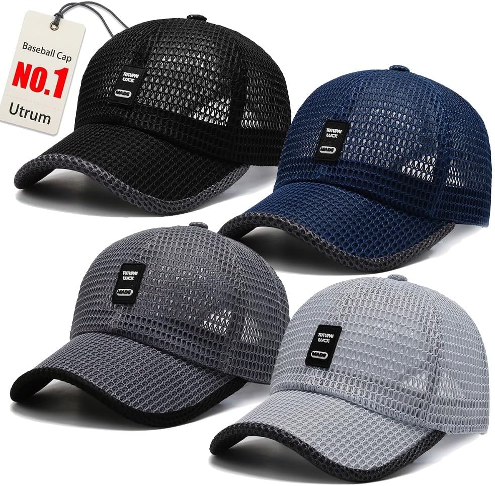 Utrum 4 Pack Lightweight & Breathable Baseball Cap for Summer Mesh Hat Men Women Trucker Golf Running Sports Cool Flat Cold