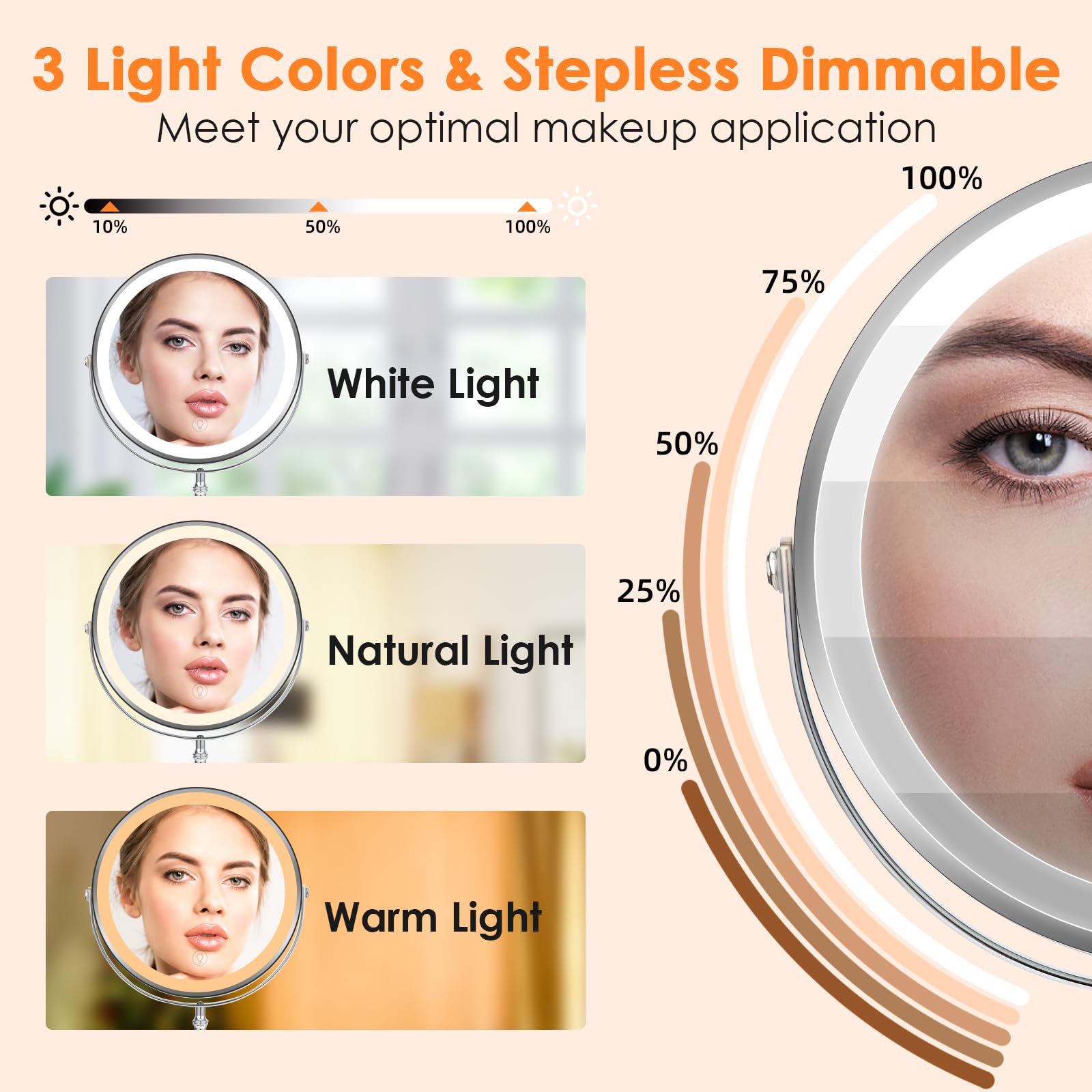 Espejo de maquillaje de aumento de 8 pulgadas con luz, espejo de maquillaje de rotación de 1X/10x 360 con iluminación, recargable de 3 luces de color, espejo de tocador de pie libre, espejo