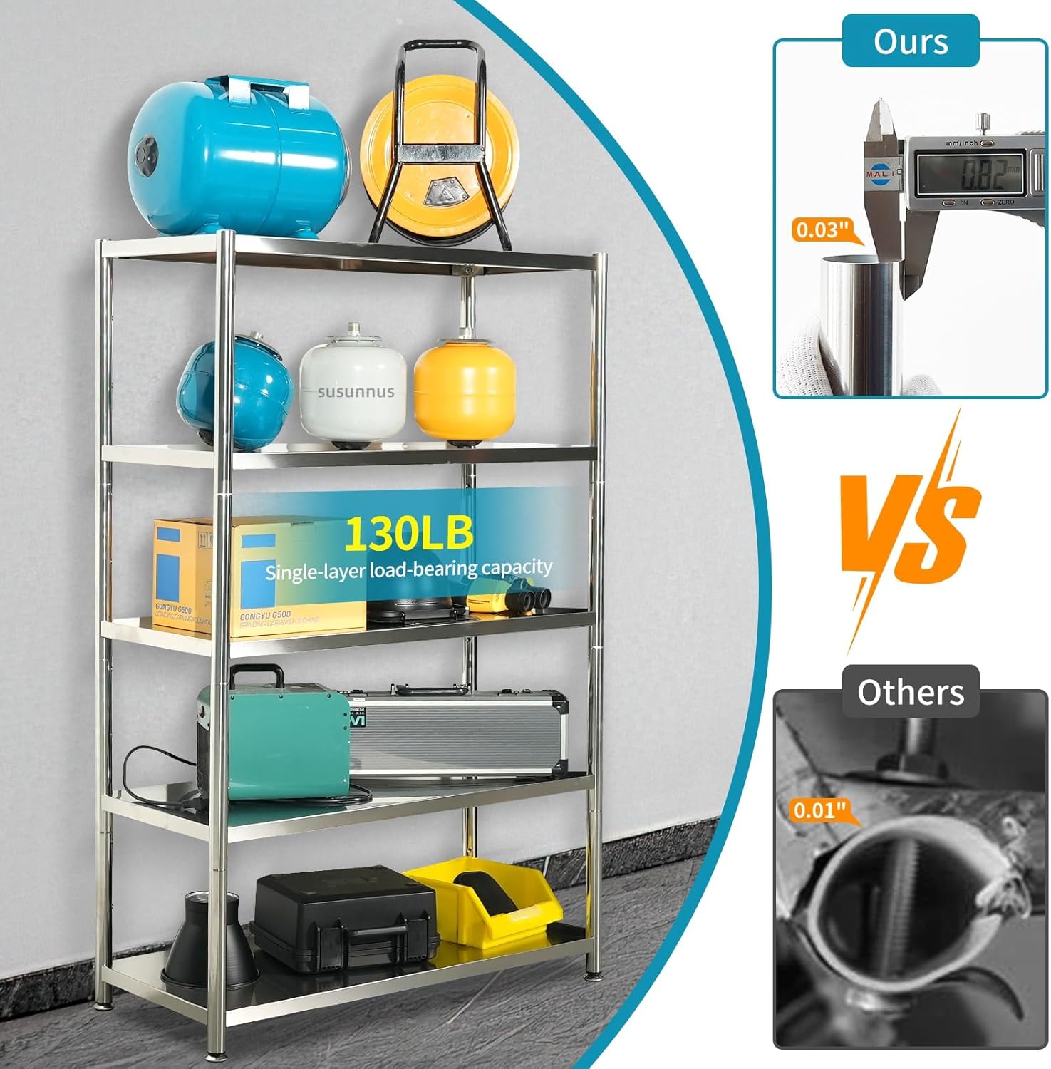 susunnus 3-Tier Stainless Steel Shelf, Heavy Duty Shelving for Kitchen, Garage, Industrial Storage, Kitchen Shelves Adjustable Feet, Easy to Clean(3T-24.8in*15.8in(Without guardrails))