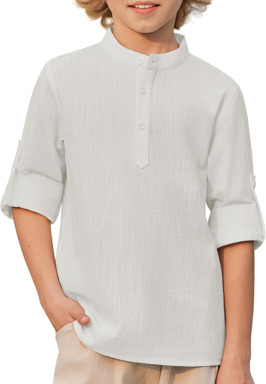 Arshiner Boys Linen Henley Shirt Long Sleeve Roll Up Casual Button Up Tops