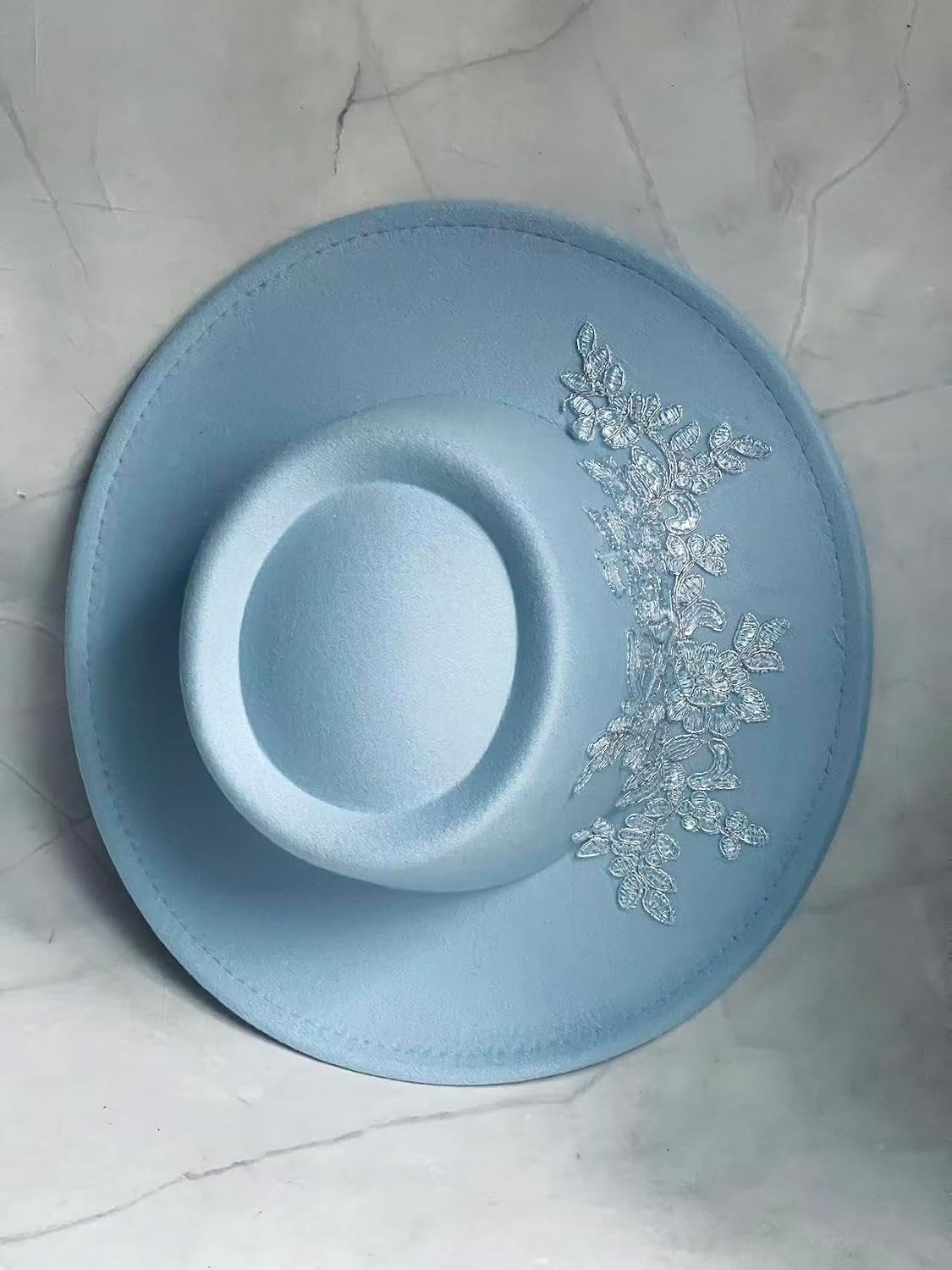 Wide Brim Blue Fedora, Handmade Felt Hat Panama Rancher Hat with Lace,
