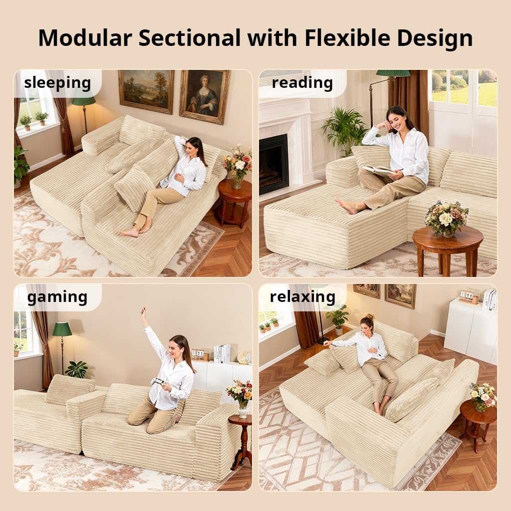 COMHOMA 105”Modular Sectional Sofa with Deep Seat,Cloud Upholstered L-Shape Couch Wide Arms Corduroy Fabric High-Density Foam Chaise Lounge for Living Room No Assembly Required