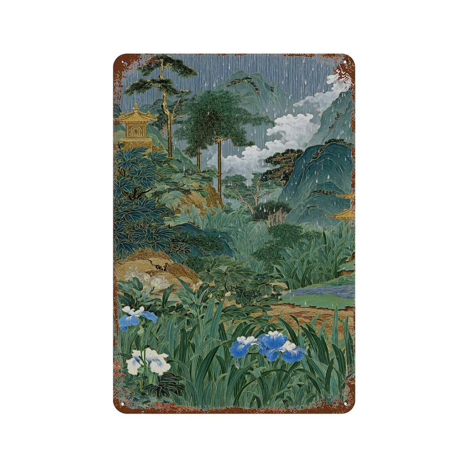 xiaoxiaoshen Japanese Rainy Forest Temple Garden Landscape Oriental Botanical Zen Nature Peac Wall Decor Art Metal Tin Poster Modern Home Decor Art Home Bar Shop Decorations Vintage Sign 30x20cm