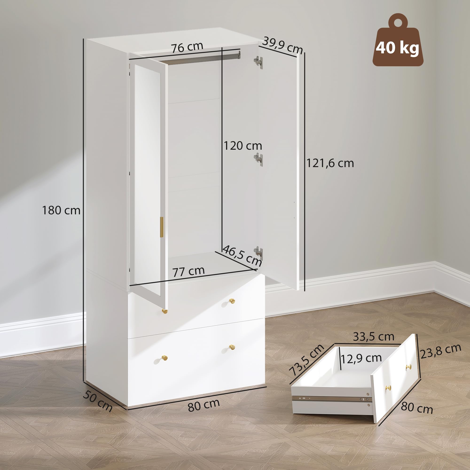 HOMCOM Armoire Chambre penderie avec Miroir, 2 Portes, Armoire à vêtements, Dressing avec 2 tiroirs et Barre de Suspension, Style Moderne, 80 x 50 x 180 cm, Blanc