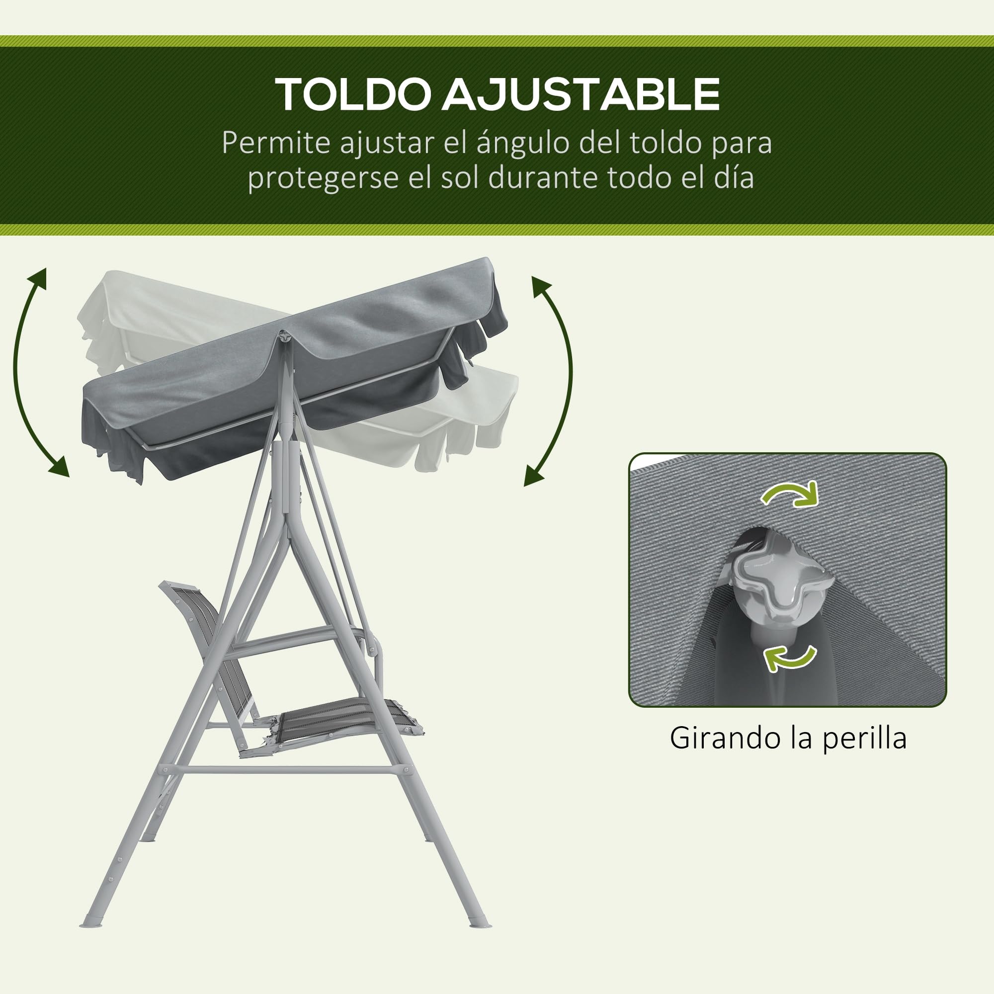 Outsunny Columpio Jardín Exterior Balancín Jardín Exterior de 3 Plazas con Toldo Ajustable Respaldo Transpirable y Marco de Metal para Terraza Balcón Carga 240 kg 171x108x154 cm Gris