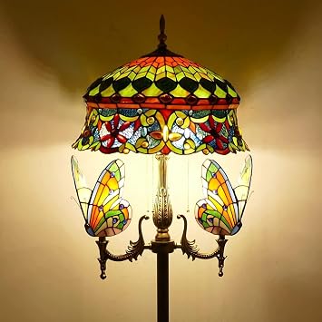 Tiffany Style Floor Lamp, Stained Glass Floor Lamp with Butterfly Night Light, 65 Inches High, Vintage Resin Base Reading Light Suitable for Living Room, Bedroom, Bedside Table, Office D