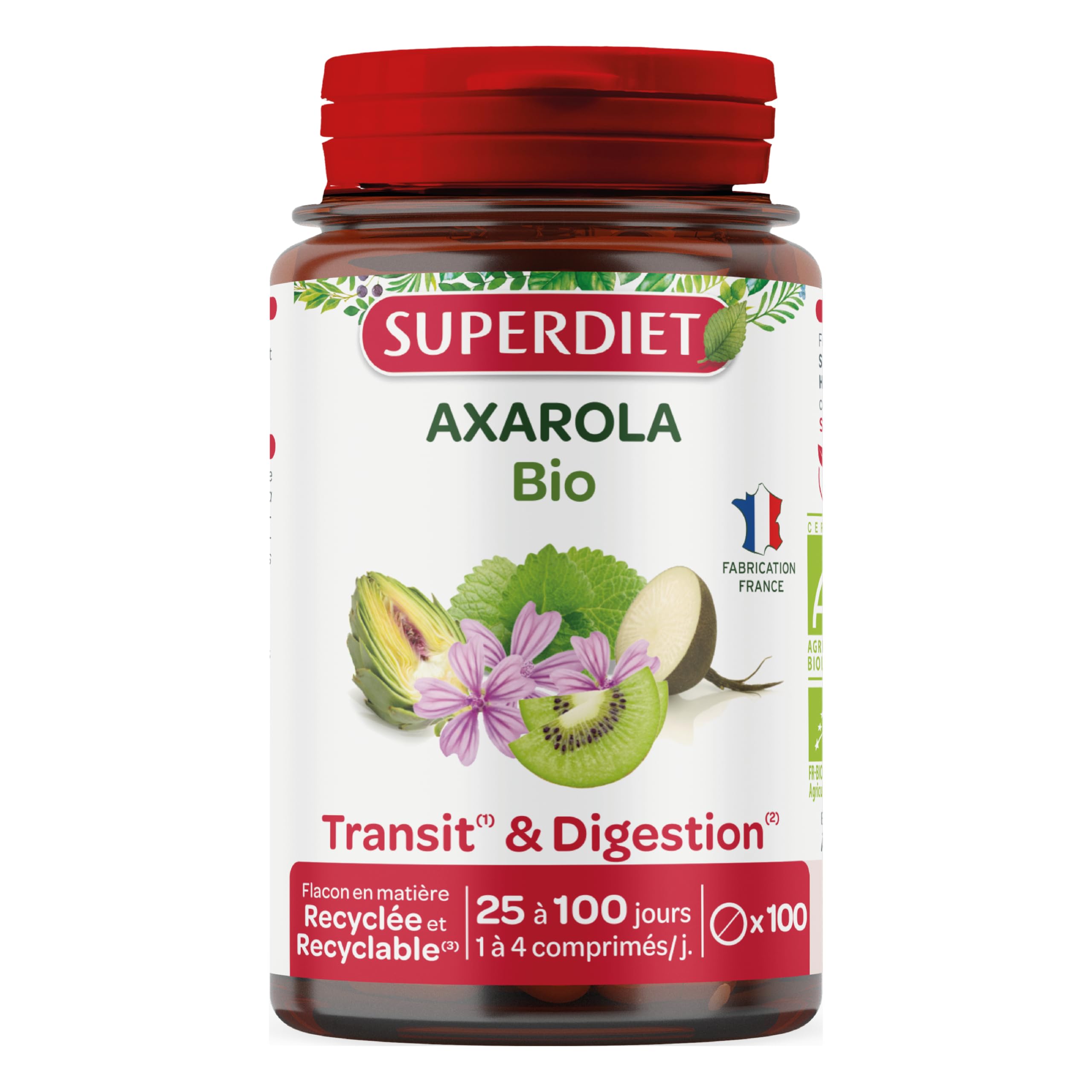SUPERDIET - AXAROLA MAUVE BIO - Double action Transit et Digestion - Adoucissant - 100% plantes - Bio et Vegan - Fabrication française - 100 comprimés
