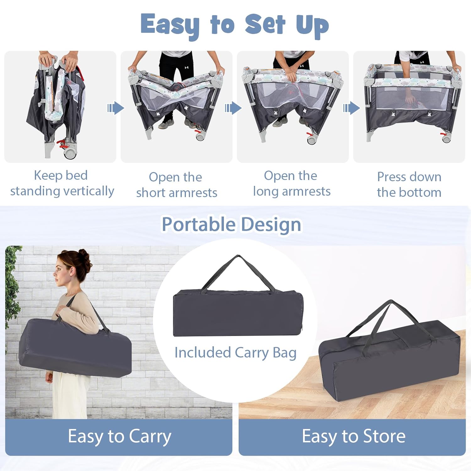 BABY JOY 5-in-1 Pack and Play, Portable Baby Bedside Sleeper with Bassinet, U-Shaped Diaper Changer, Safety Strap, Side Zipper Entrance, Hangings, Bedside Crib Playard from Newborn to Toddlers (Gray)