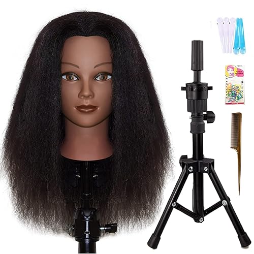 JMHAIR Cabeza de maniquíes de 16 pulgadas, cabello 100% real para práctica de peinado manual, peluquería, salón, peluca de trípode ajustable con