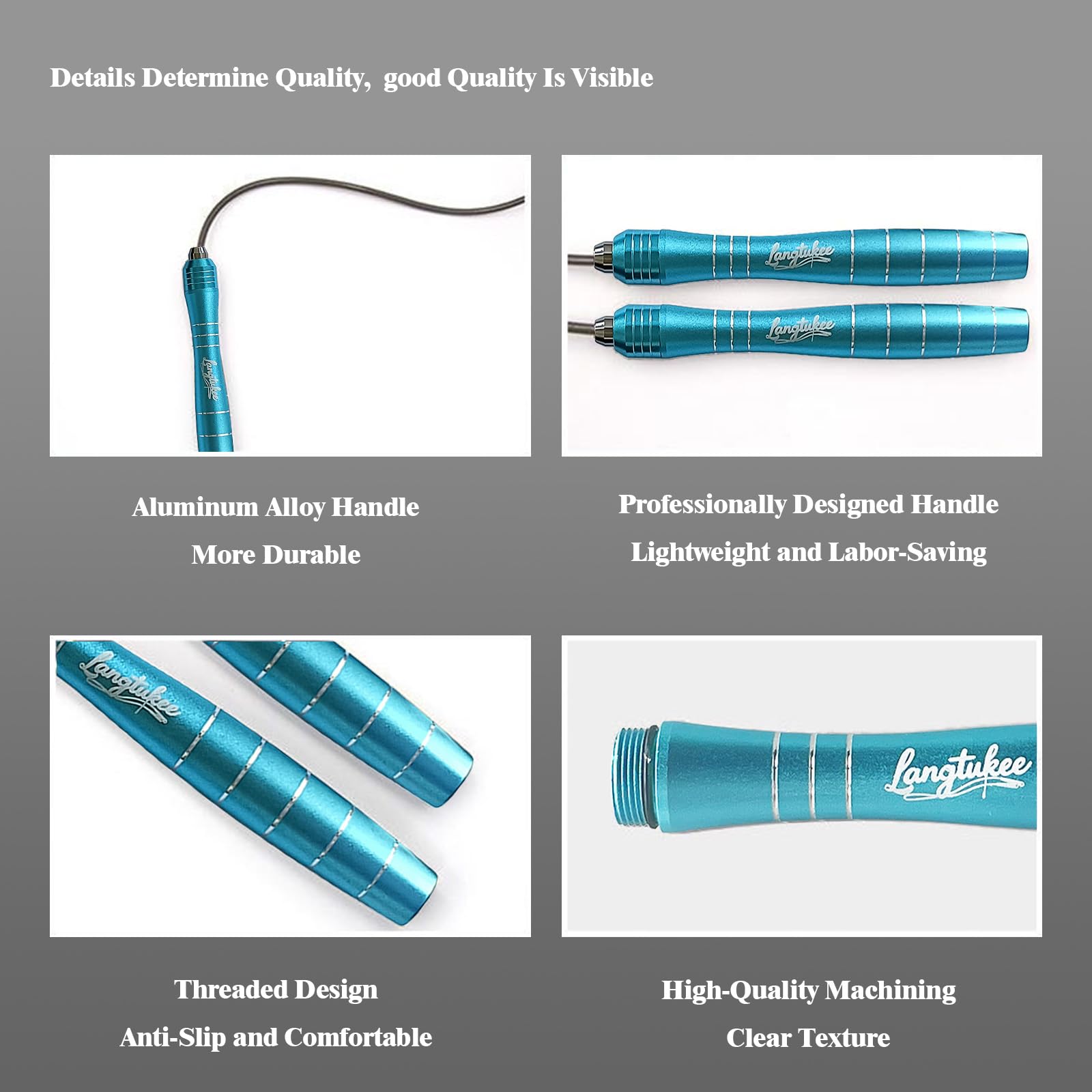LANGETUKEE Speed-Springseil – verstellbares Fitnessseil mit 360°-Hochgeschwindigkeits-Kugellagern und 2,8 m langem 4 mm Stahlkabel, verlängerte Griffe aus Aluminiumlegierung für bequemen Griff – ideal