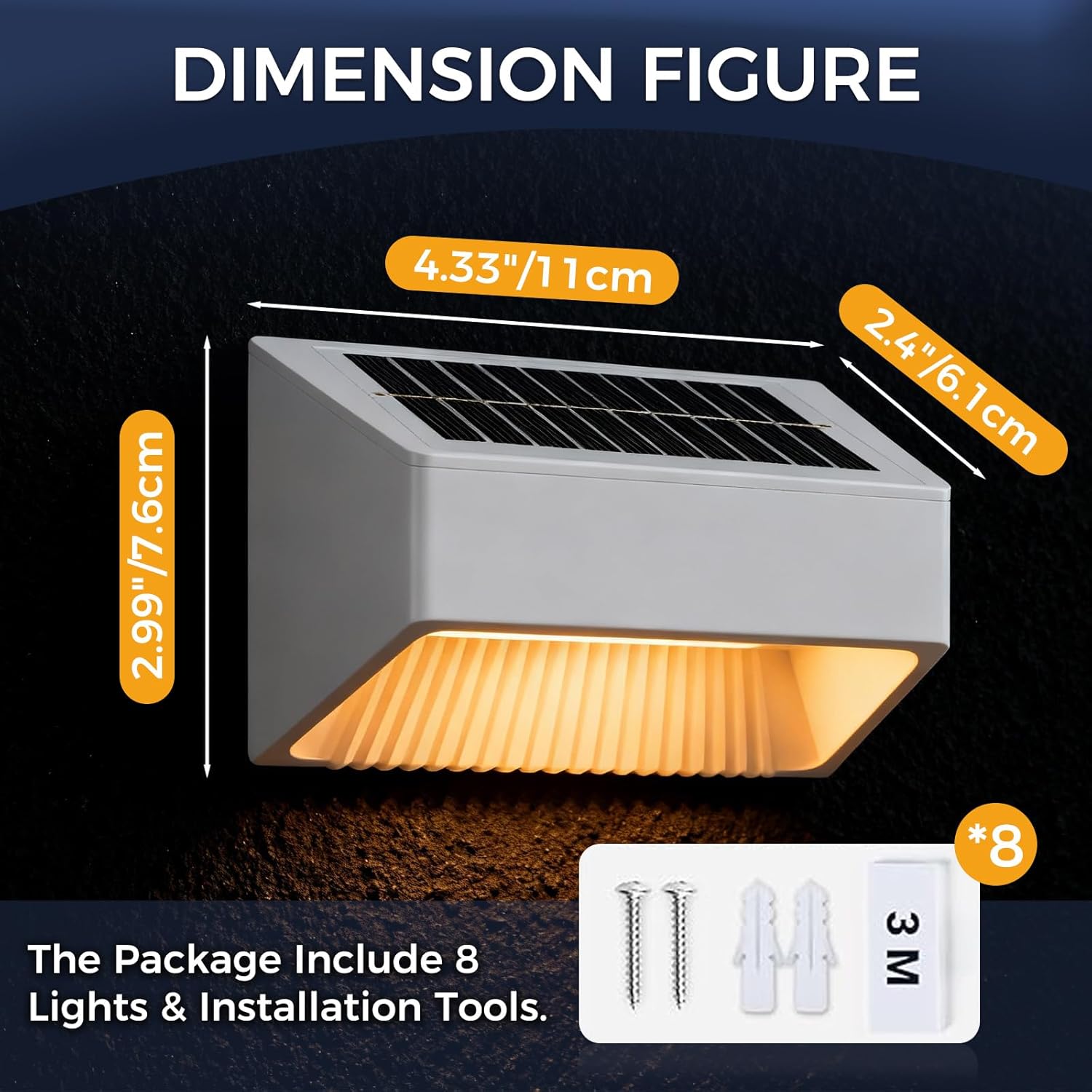 Outdoor Solar Lights, Warm White Decorative Solar Fence Lights, for Gardens, Swimming Pools, Decks, Fences, Patios, Front Doors, Stairs, Landscapes, Courtyards, and Driveway Paths, Pack of 8