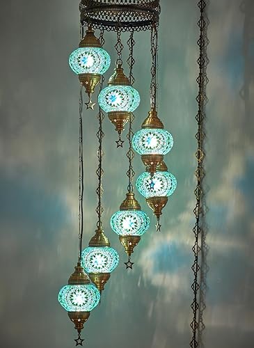 Miniatura 8 de DEMMEX Lámpara colgante de techo Tiffany de 7 globos con mosaico turco marroquí bohemio Tiffany con cadena de cable de 15 pies y enchufe, 50