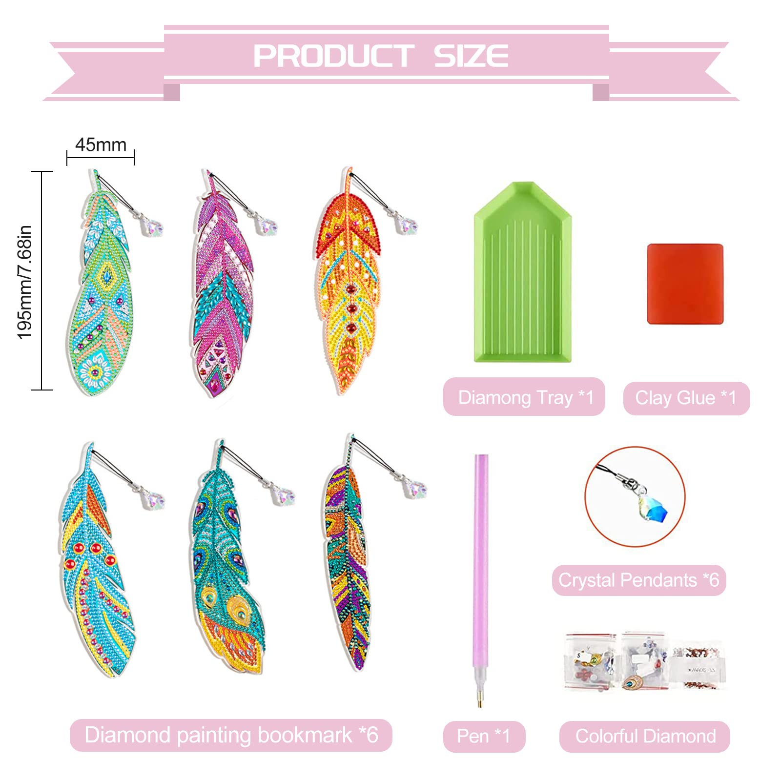 Marque Page Diamond Painting Diamant Painting pour Enfant Livre Signet Plume 5D Diy Diamant Peinture avec Pendentif en Cristal Bookmark Acrylique Transparent pour Pages de Marquage (Style 2