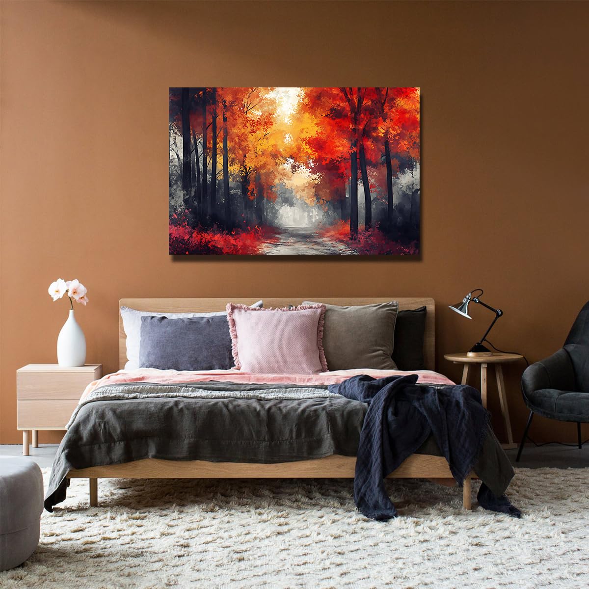 TOANGWALL Jesień Las Ścieżka Na Płótnie Sztuka Ścienna Czerwony Pomarańczowy Klon Liście Plakat Wydruki Abstrakcyjny Las Krajobraz Obraz Obraz Do Biura Salon Hotel Dekoracja 50x75 cm