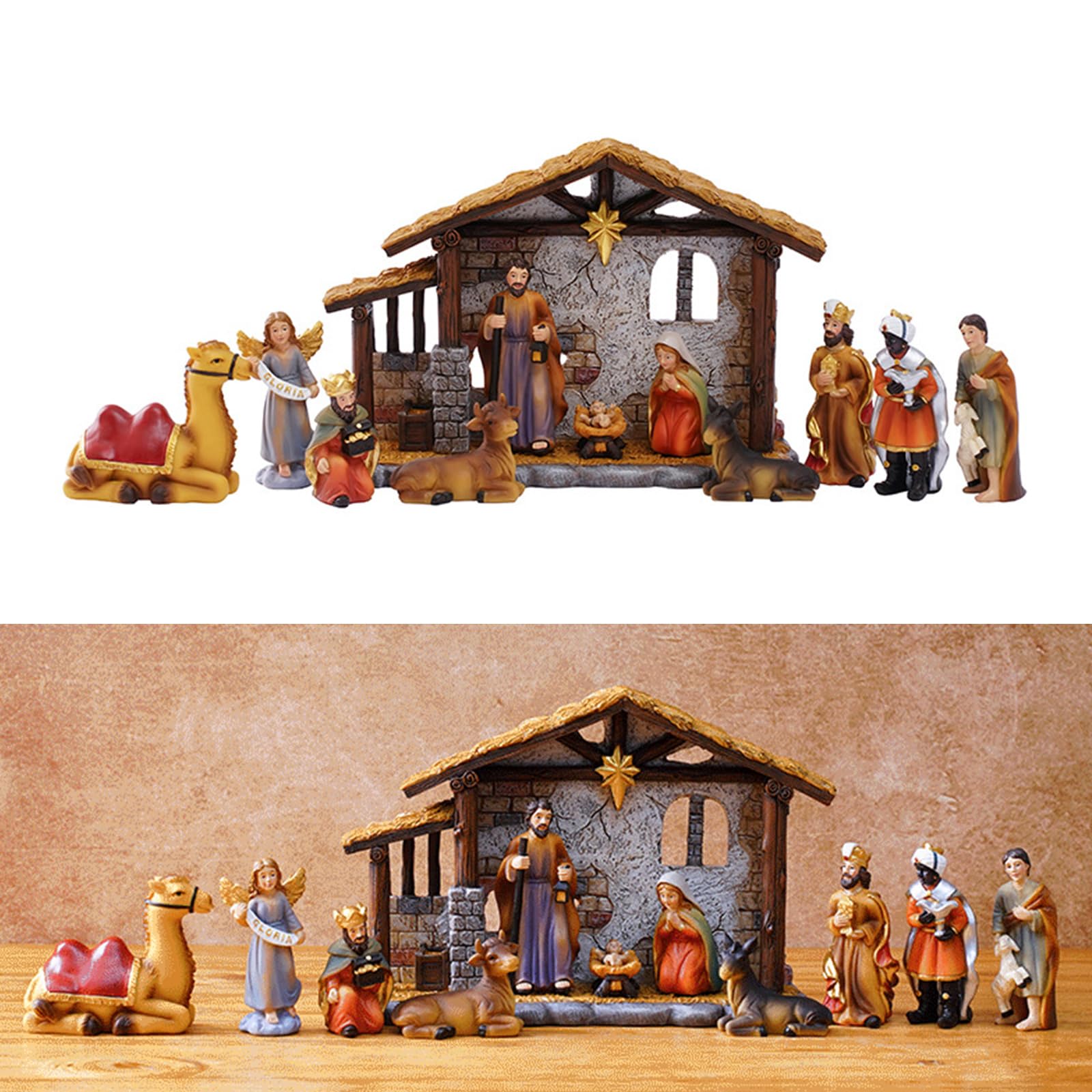 Statua per presepe di Natale, in resina, con stabile statua di famiglia, decorazione da tavolo, sculture natalizie