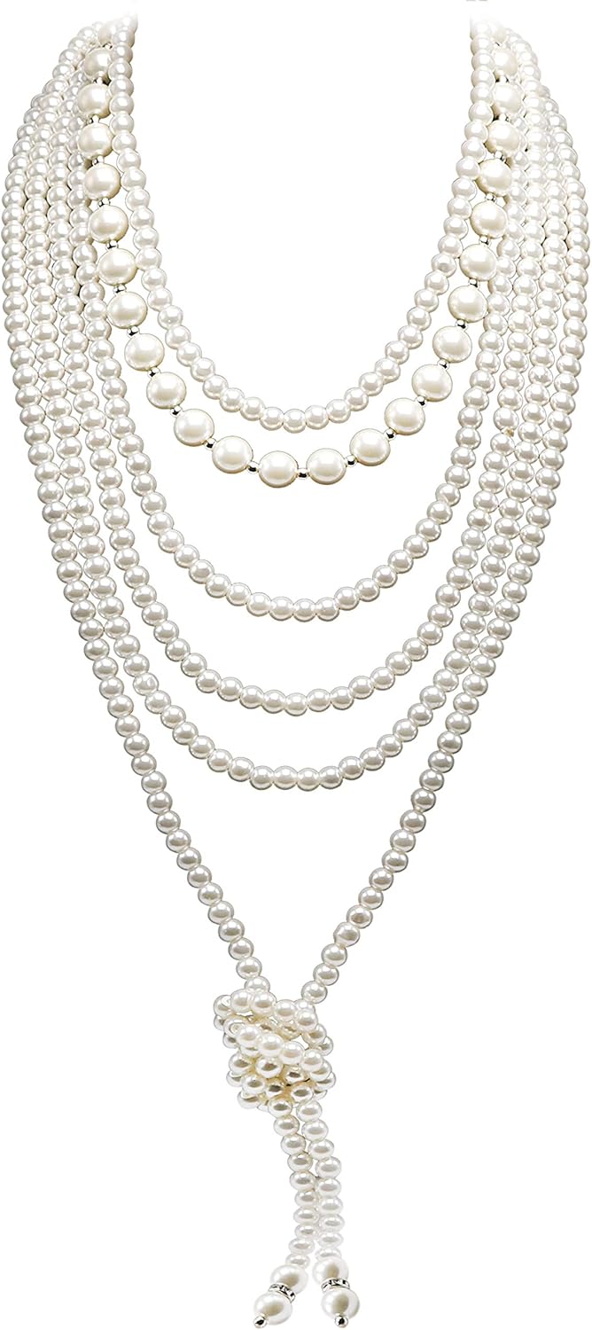 Long Pearl Necklaces for Women Cream White Faux Pearl Strand Layered Necklace Costume Jewelry