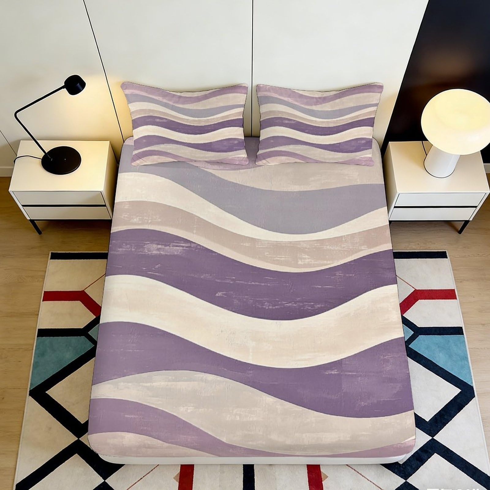 Wtorimpel Style-5 3D Printed Purple Wave Fitted Sheet Microfiber Deep Pocket Bedroom Bedding Purple Wave Mattress Fitted Cover Washable Non-Slip All Ages 90X200x25cm