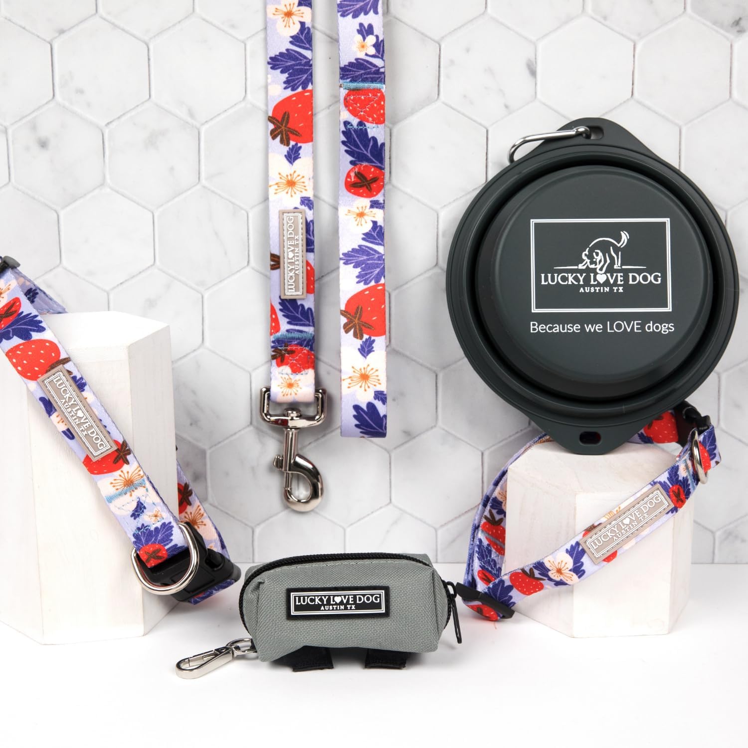 Lucky Love Dog Martingale Collar and Leash Set, Premium Fun Girl No Slip Collars, Strawberry Martingale Dog Collar and Leash Set, Great for Whippets, Greyhounds, and More (Sweet Berry, Medium - Combo)