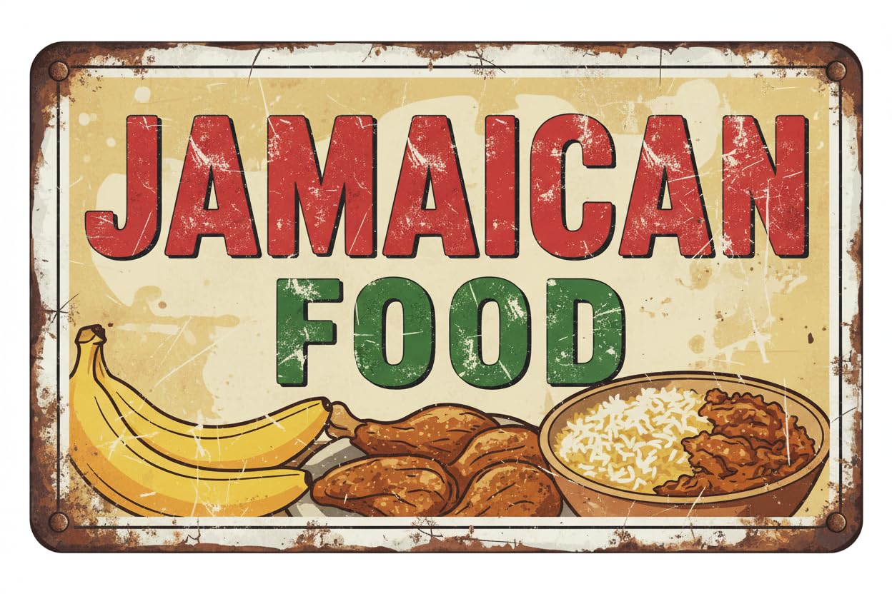 Wall Decor Jamaican Food | Full Color Sidewalk Display Sign Board With Metal Ground Stakes | 8x12Inch Vintage Signs Aluminum Plates Printed